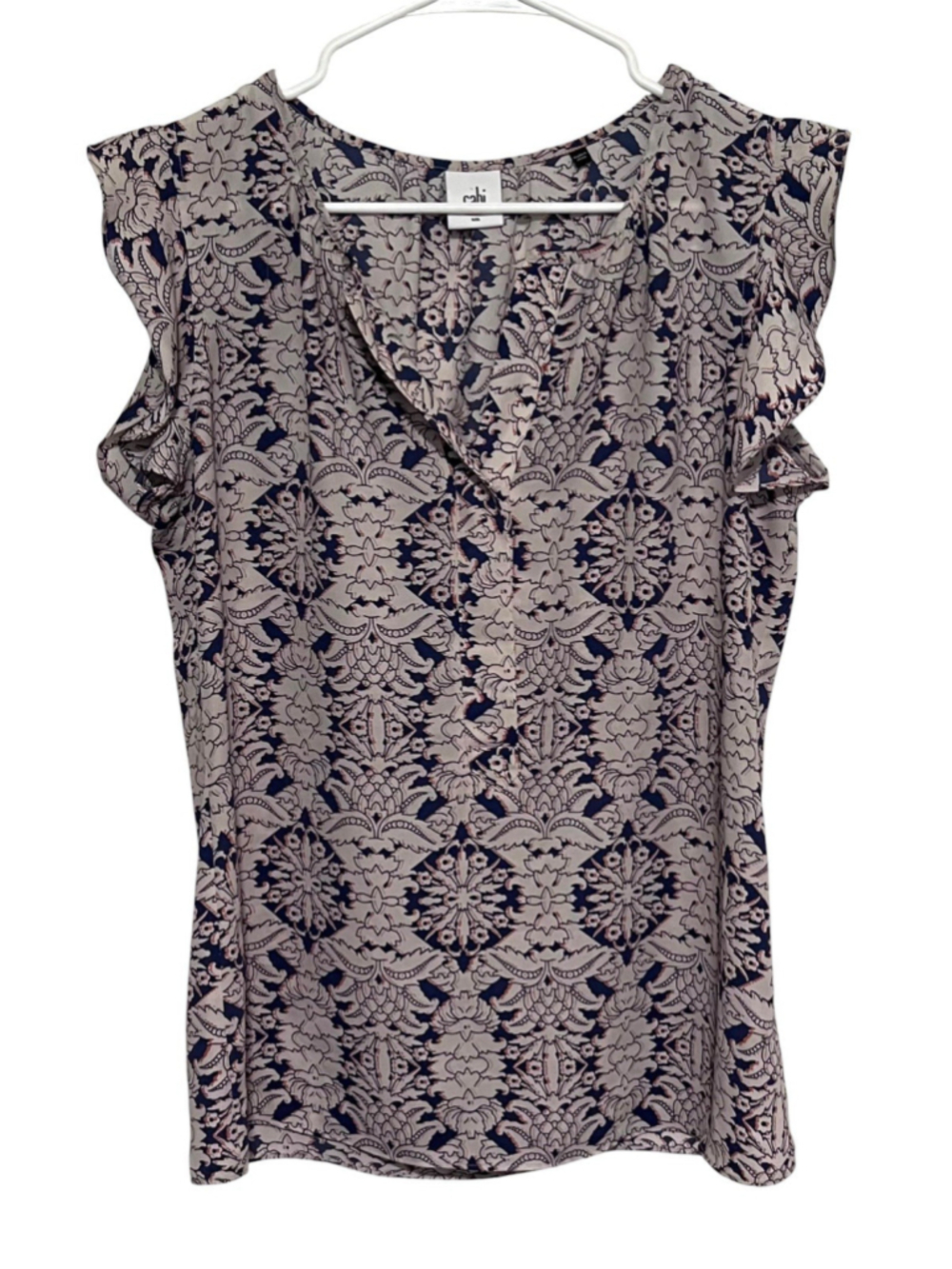 CAbi Damask Flutter Sleeve Blouse Women's Small Blue Beige Popover Boho Top